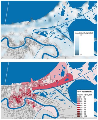 Hurricane Katrina modeled inundation (above) and distribution of low-income households (below) in New Orleans. Source: U.S. Census, own flood modeling and illustration.